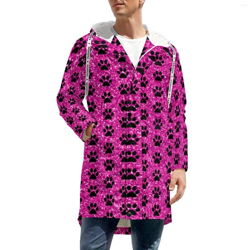 

Men' Trench Coats Dog Paws Purple Glitter Print Outerwear Casual Warm Windbreakers Men Novelty Retro Zip Winter Jackets Plus Size 5XL, Style