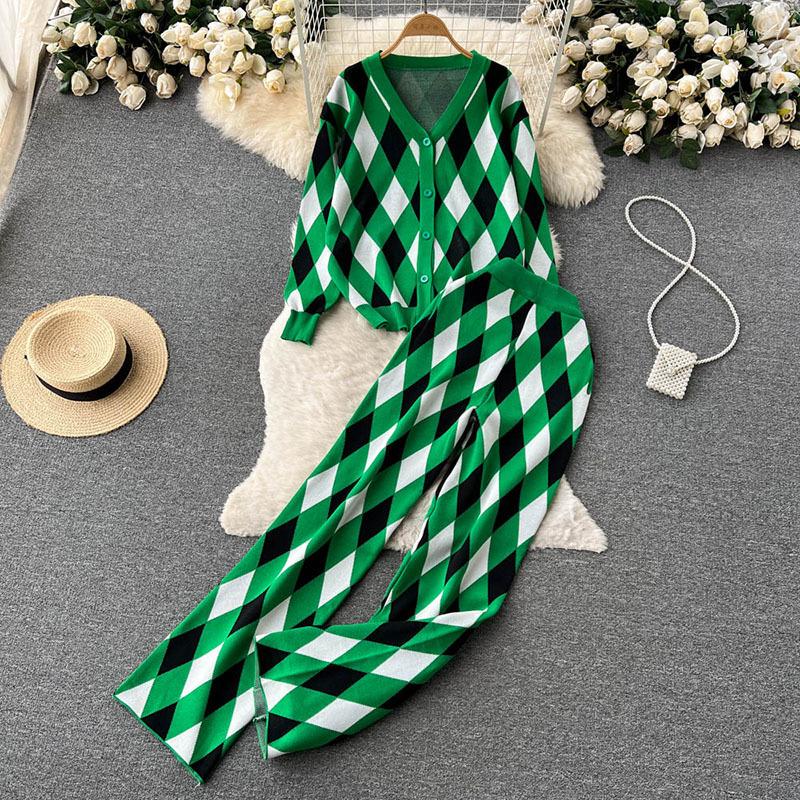

Women's Two Piece Pants Knitted Argyle Women's Suit With Trousers Geometric Casual Sweater Cardigans 2 Pieces Female Sets 2023 Winter, Green