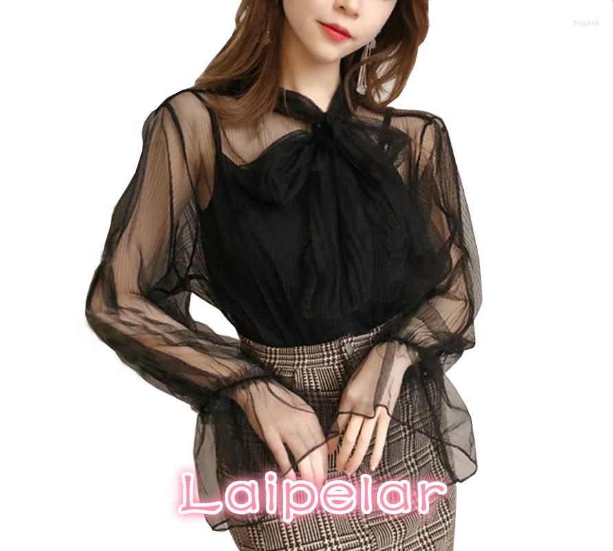 

Women's Blouses Long Flare Sleeve Blouse Shirts Women Summer Mesh See Through Tops Blousas Sexy Bow Two Pieces Laipelar, Beige
