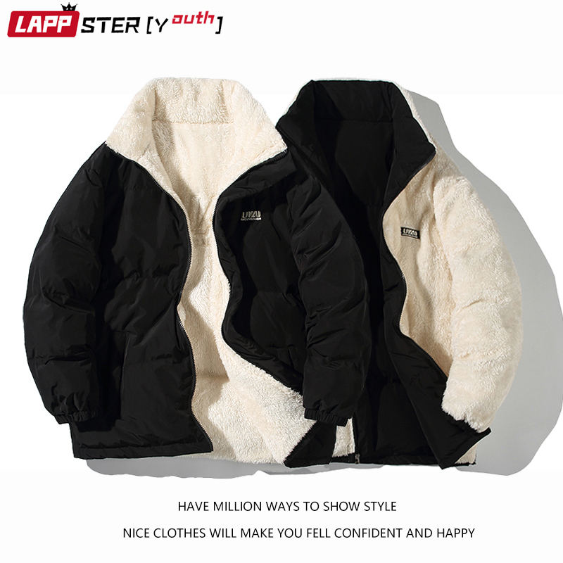 

Mens Down Parkas LAPPSTERYouth Men Two Sides Lambswool Winter Puffer Jacket Oversized Kpop Vintage Bubble Coat Man Warm Outwear 221207, White