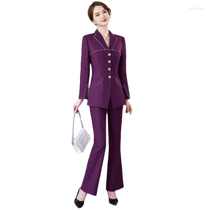 

Women' Two Piece Pants Purple Suits Women Autumn Winter Fashion Temperament High End Professional Blazer And Flare Office Ladies Work Wear, Black pant suits
