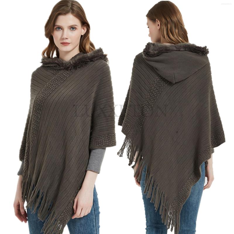 

Scarves Winter Warm Knitted Ponchos For Women Solid Stripe Shawls Luxury Caps Tassel Pashmina Wraps Autumn Ladies Sweater