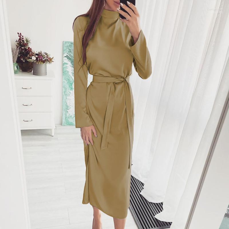 

Casual Dresses 2022 Elegant Women Dress Long Sleeve Turtleneck Autumn Winter Solid Bodycon Slim Belt High Waist Maxi For