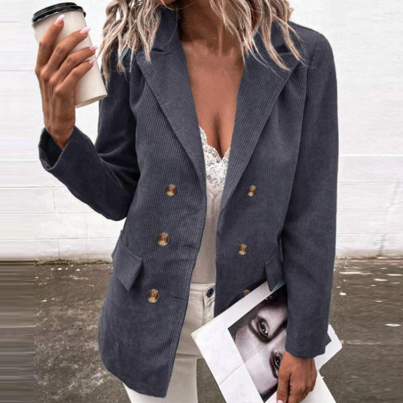 

Women' Suits Long Sleeves Flap Pockets Autumn Blazer Double Breasted Office Corduroy Lapel CoatSolid Color Suit Jacket, Black