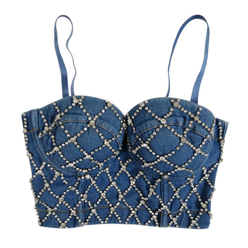 

Classic Hot Street Wearing Denim Fish Bones Bra with Steel Ring Shaped Top Mesh Bright Diamond Beads Sling Vest Female, Denim blue