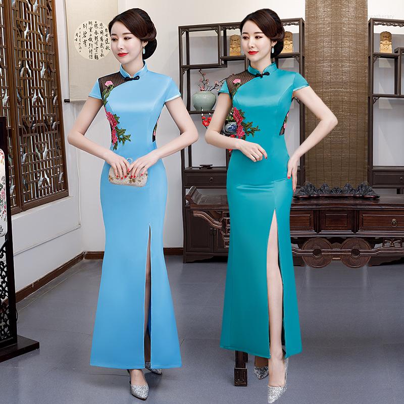 

Ethnic Clothing Chinese Style Sexy Embroidery Tulle Qipao Wedding Evening Party Skinny Dress Women Classic Long Fork Cheongsam Novelty