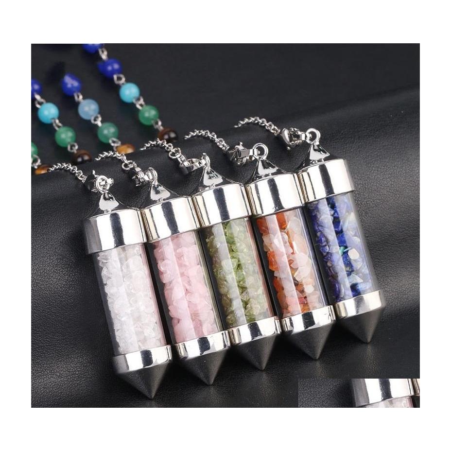 

Pendant Necklaces Glass Mini Wishing Bottle Pendant Seven Chakra Divination Dowsing Cone Point Pendum Yoga Pendants Amet Wicca Pendo Dhplk