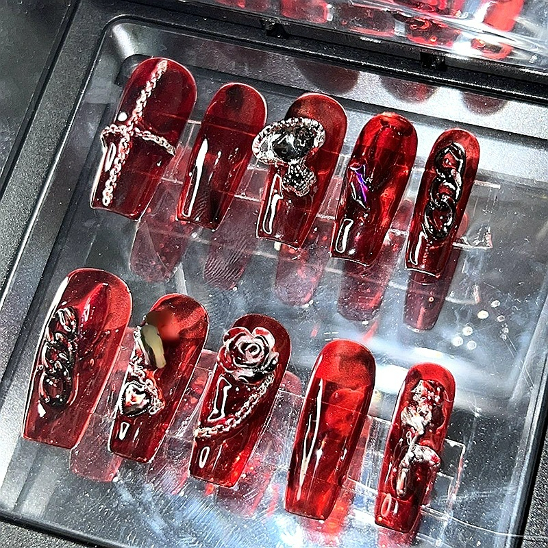 

Nail Practice Display Y2K Punk Style Blood Red Rose False Nail Tips Press On Nails Art Handmade Reusable Long Coffin Fake Nail With Glue 221206