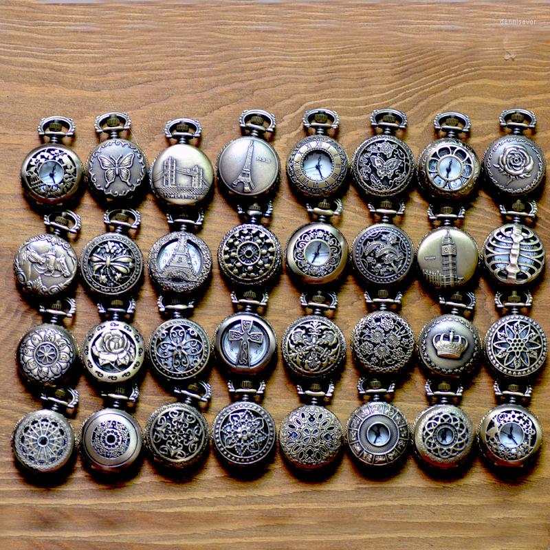 

Pocket Watches Vintage Small Dial Quartz Watch For Men Women Bronze Flower Case Fob Chain Pendant Necklace Clock Collection Gift, 04