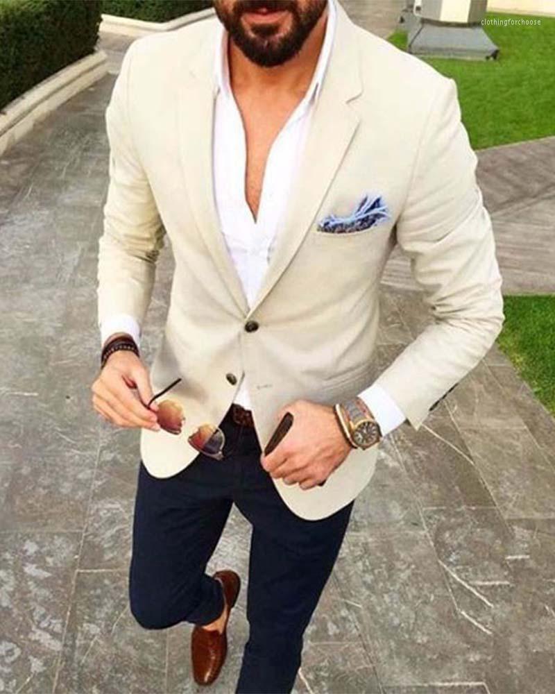 

Men's Suits 2pcs Notched Collar Beige Jacket Navy Blue Pants Men's For Wedding Custom Made Men Tailored Dinner Party Wear, Picture shown