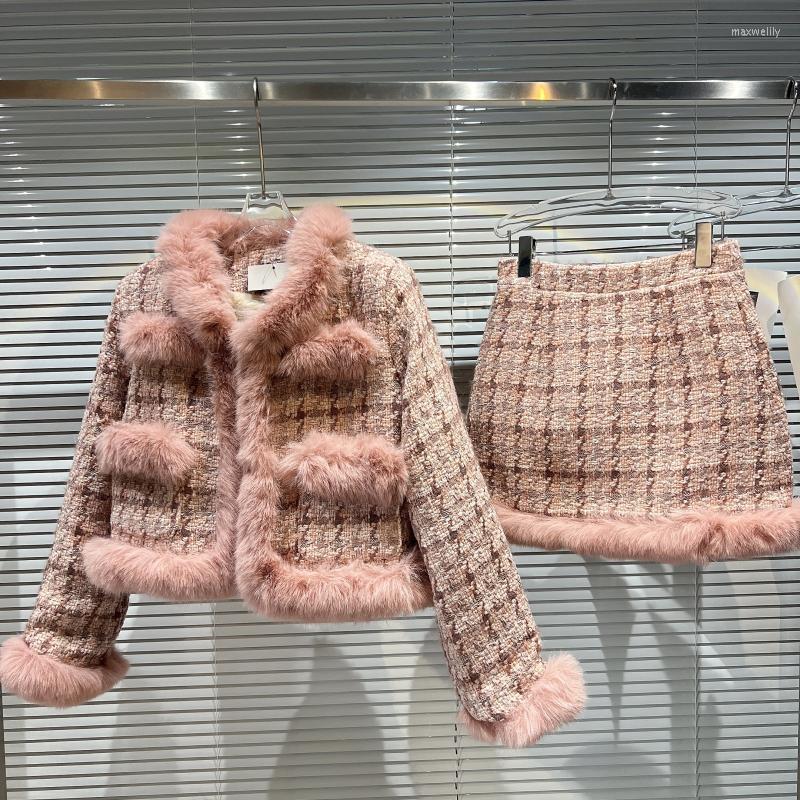 

Work Dresses PREPOMP Winter Long Sleeve Real Fur Collar V Neck Pink Plaid Tweed Coat Short Bodycon Skirt Two Piece Set Outfits GD524