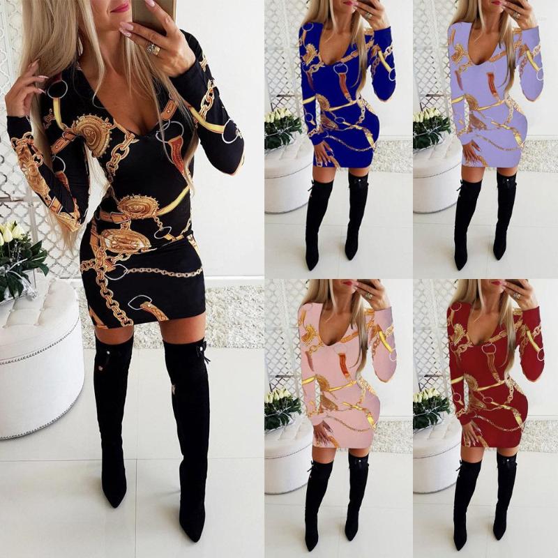 

Casual Dresses 2022 Summer Fashion Chain Print Bag Hip Slim Long-sleeved Dress, Black