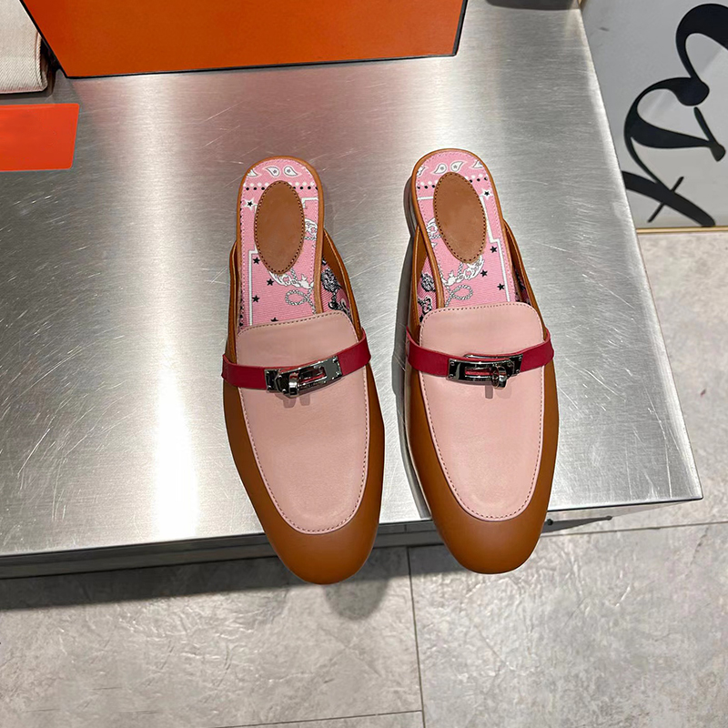 

9A Quality Designer Slipper Women Loafers Genuine Leather Sandals half drag Metal Chain cowhide slides trainer Classic Half-Slippers Beach Flat Slippers moccasins, More option to contact