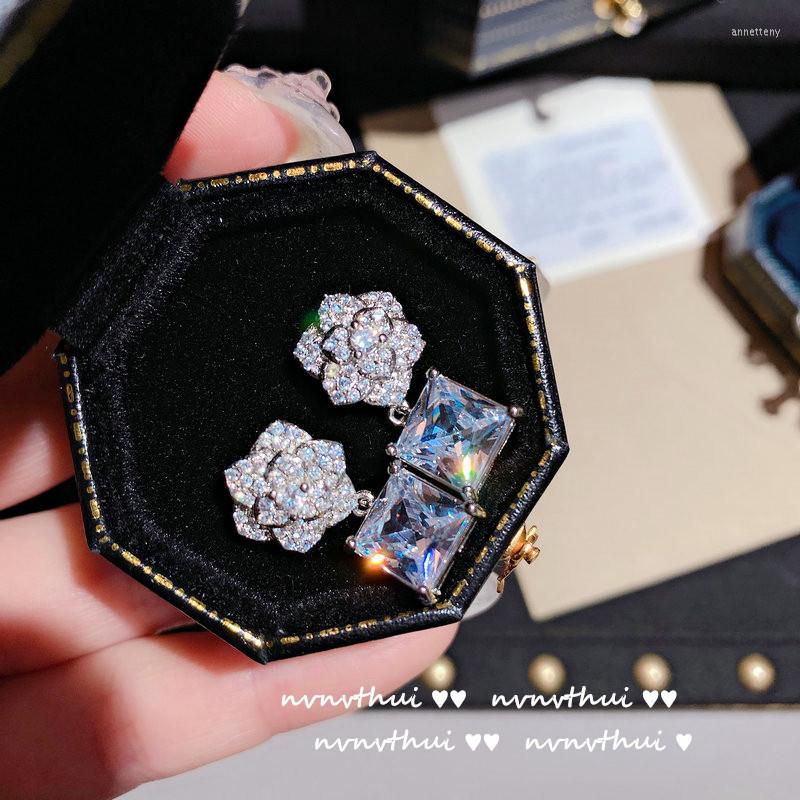 

Dangle Earrings 925 Silver Needle Camellia Flower Earring With Bling CZ Ladies Elegant Exquisite Wedding Engagement Dangler Trendy Jewelry