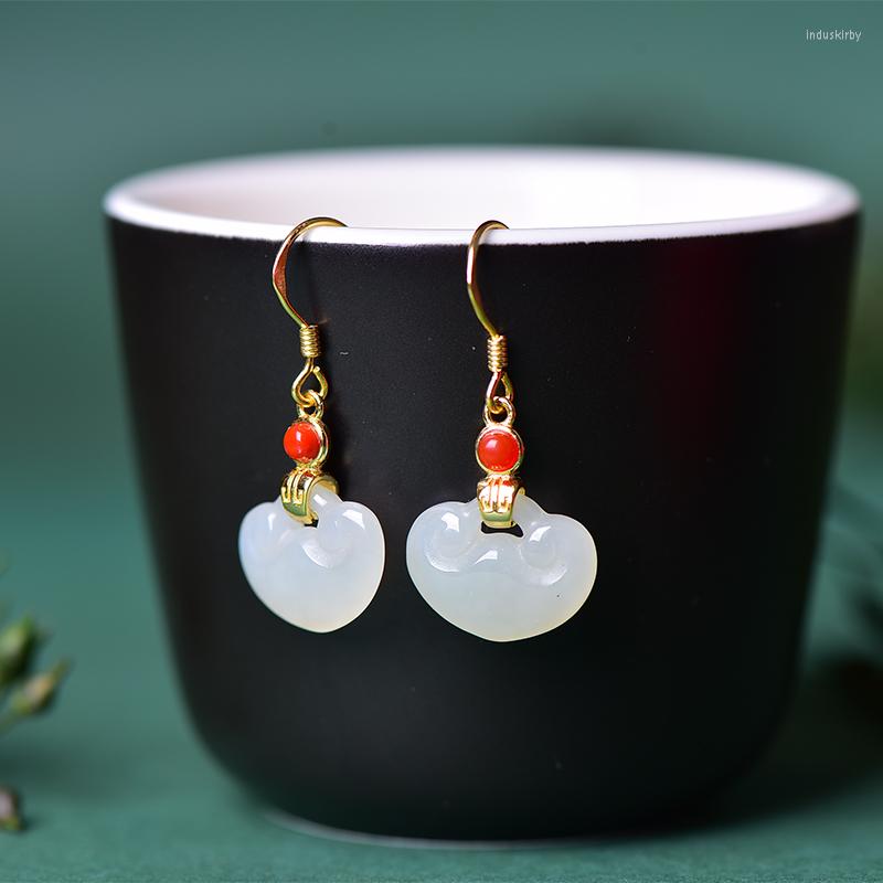 

Dangle Earrings Natural Hetian Jade White Ruyi For Women Simple Ancient Rhyme Classic Style Wedding Engagement Silver Jewelry