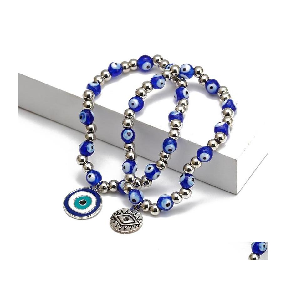 

Beaded Blue Evil Eyes Beaded Strands Charm Bracelets Fashion Stretch Sier Bead Bracelet Bangles Lucky Turkish Pendant Jewelry Access Dhpnl