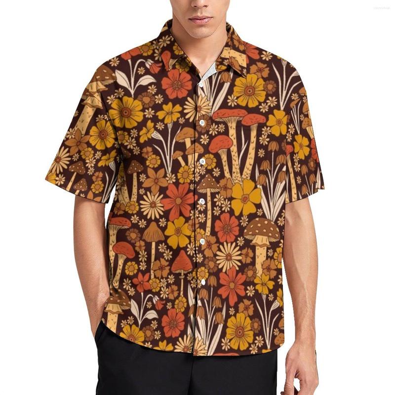 

Men's Casual Shirts Orange Mushrooms Retro 1970s Flowers Print Summer Shirt Short-Sleeve Blouses Male Plus Size, Style-14