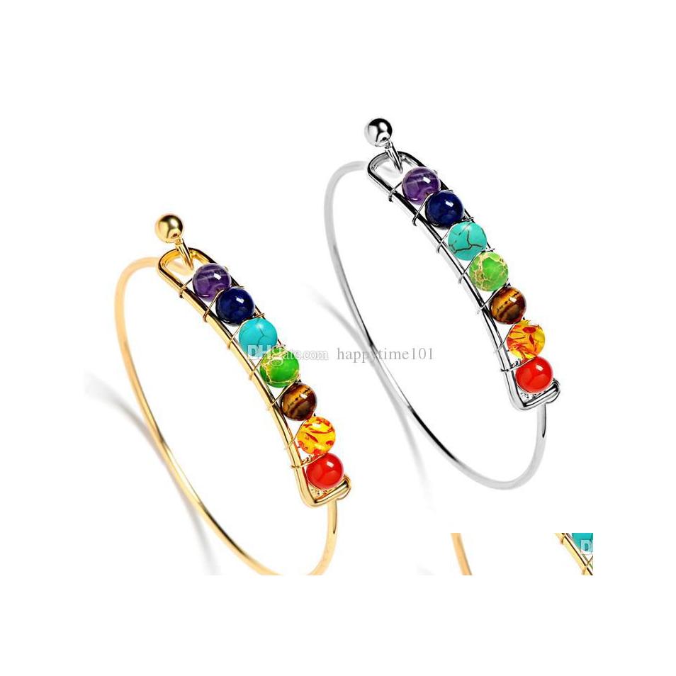 

Bangle Fashion Natural Stone Open Bracelets 7 Reiki Chakra Healing Nce Beads Bracelet Gold Sier Plated Bangle Women Yogo Fine Drop D Dhlsw
