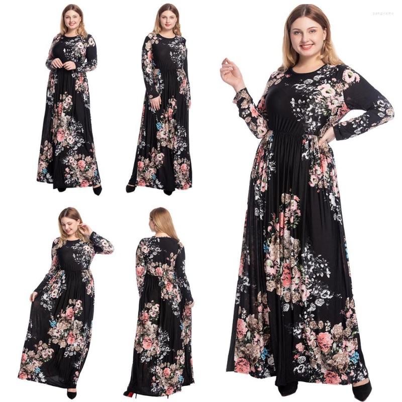 

Ethnic Clothing Plus Size Abaya Muslim Floral Print Maxi Long Dress Women Islmaic Kaftan Gowns Arab Pleated Sleeve O-neck Robe Black