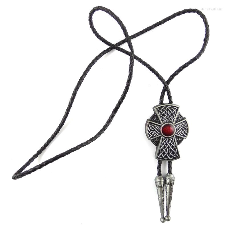 

Bow Ties 5 Pcs Wholesale Vintage Western Cowboy Bolo Tie For Men Black Leather With Metal Celtic Knot Cross Red Stone Decoration