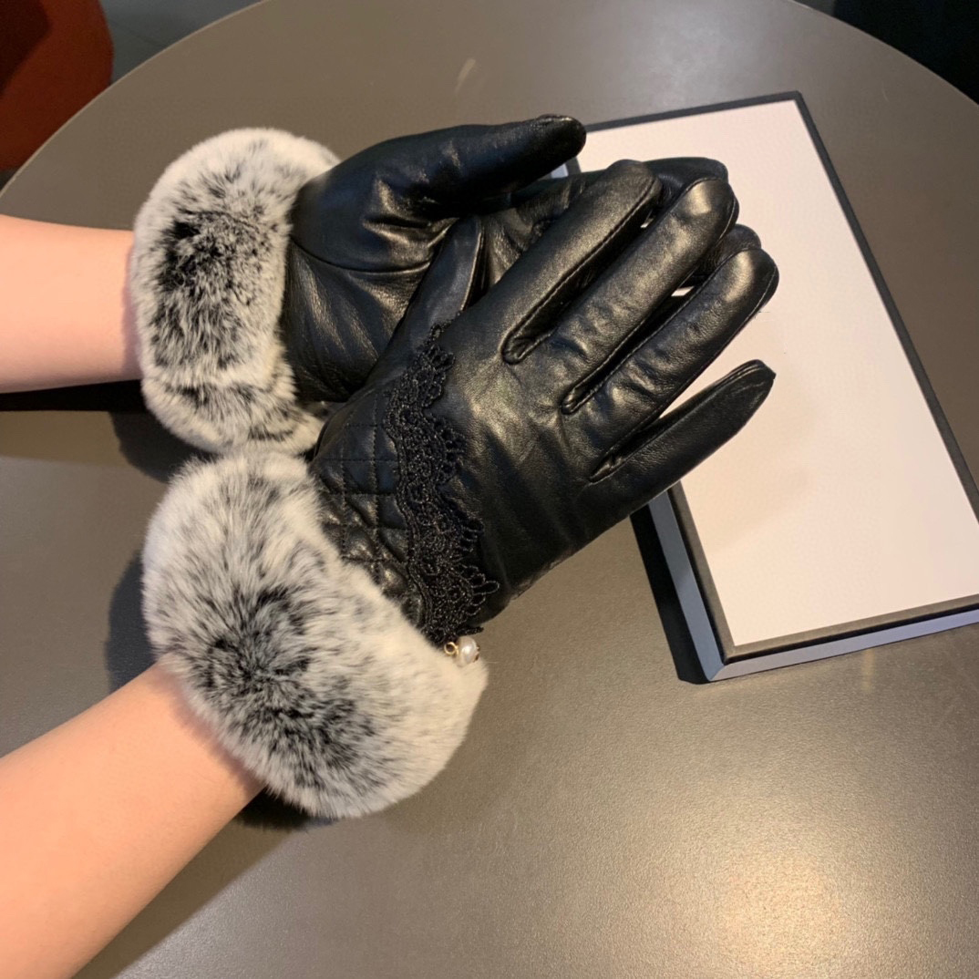 

Designer gloves leather CH glove ladies sheepskin rabbit fur winter mitten for women official replica Counter quality European size T0P quality 021