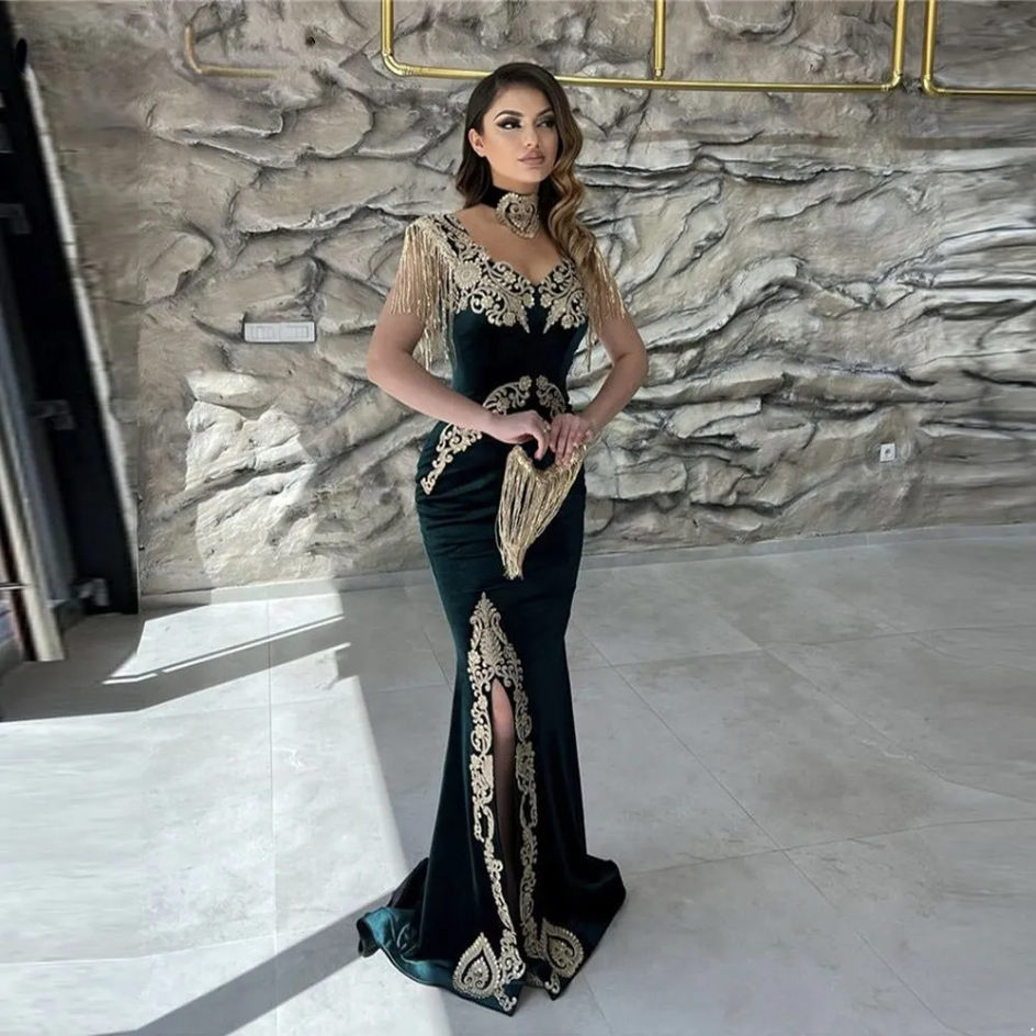 

Green Dubai Kaftan Velvet Mermaid Evening Dress Applique Tassel V Neck Side Slit Women Arabic Formal Prom Dress robes BC14801, Gold