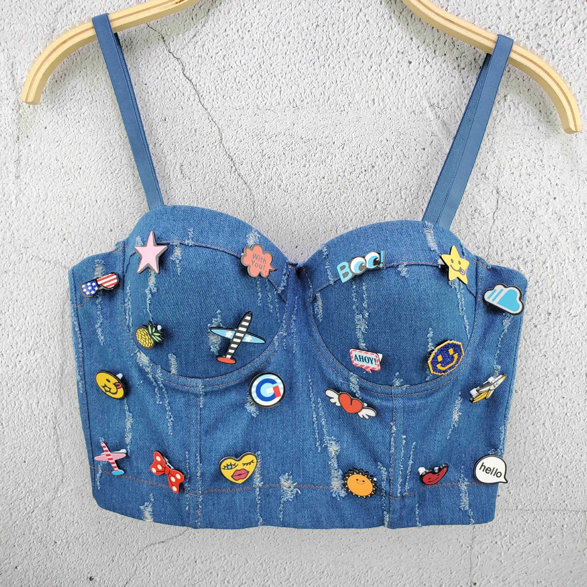 

New cowboy hole cute medal nail bead vest Han Fan dancer short open navel top small sling, Blue version 1