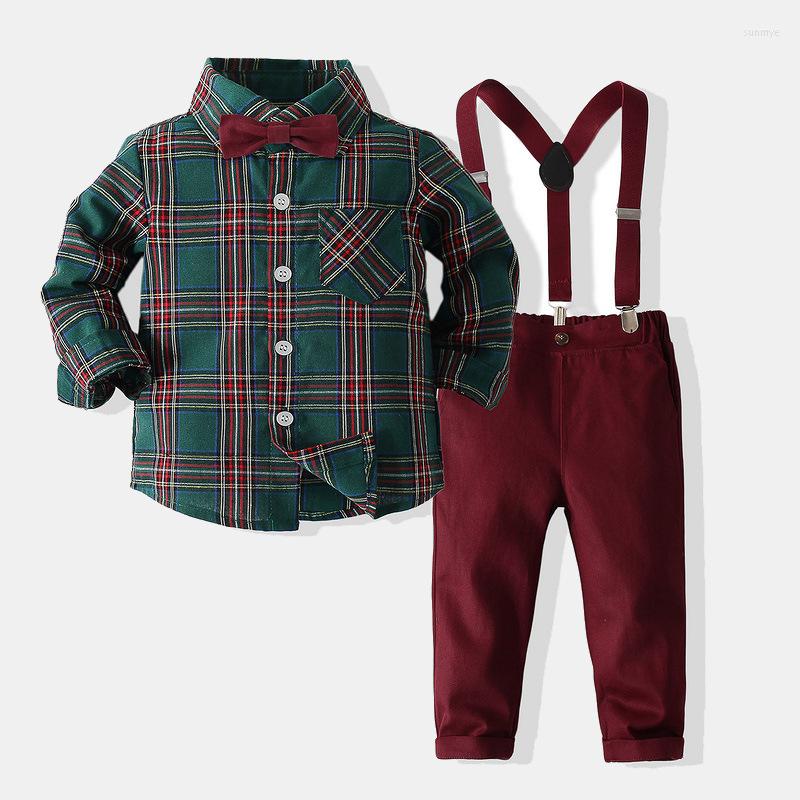 

Clothing Sets Spring Cotton Gentleman Baby Boys Clothes Formal Plaid Long Sleeve Biw Tie Shirt Rompers Suspenders Pants, Green