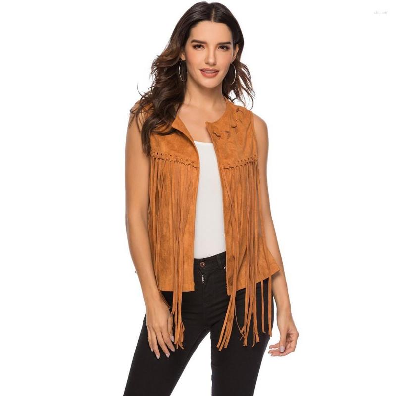 

Women's Vests Women's Fashion Suede Stitching Sleeveless Coat Tassel Vest Fold Tops Utility Women, Khaki