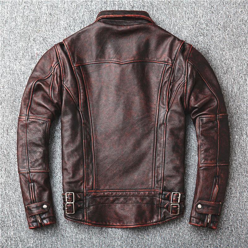 

Men' Down And Autumn Red Spring Brown First Layer Cowhide Leather Coat Locomotive, Reddish brown