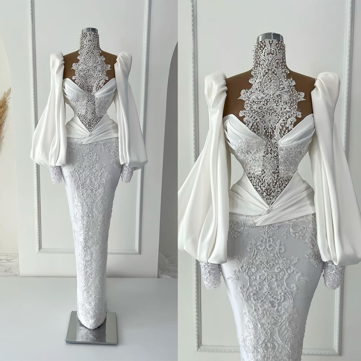 

Gorgeous Mermaid Wedding Dresses High Colllar Long Sleeves Pearls Beads Appliques Lace Bridal Gowns Custom Made Sweep Train Vestidos De Novia, Gold