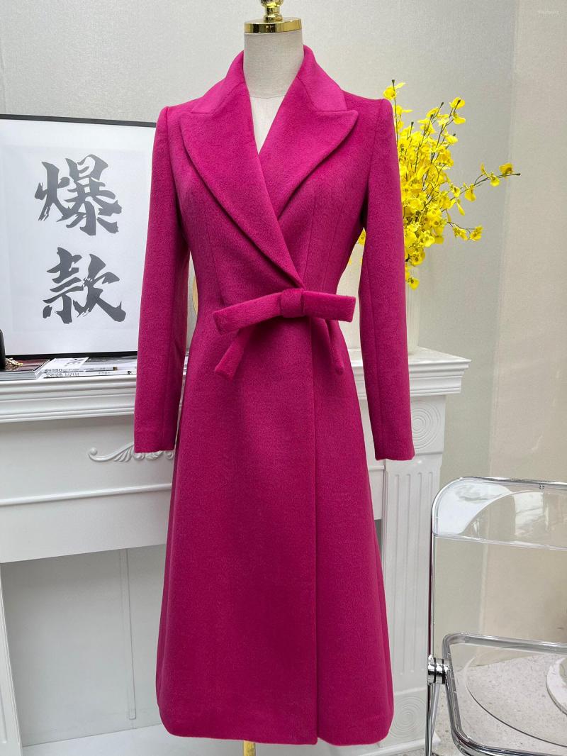 

Women' Trench Coats 2022 Fashion Wool Pink Outwear With Bow Long Sleeve For Women, Photo