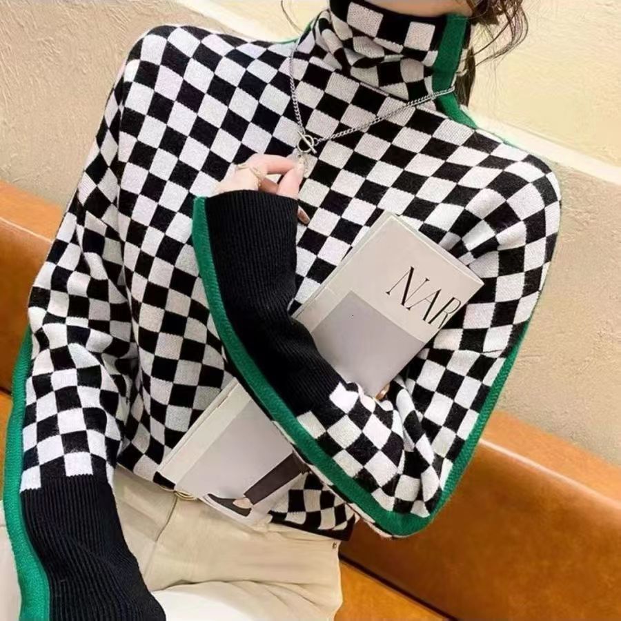 

Women's Sweaters Winter Turtleneck Sweater Warm Pullover Elegant Top Loose Casual Retro Contrast Color sweater 221207, Greenc