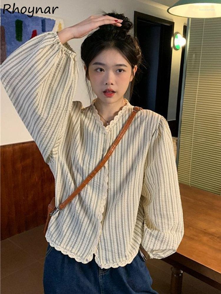 

Women' Blouses Autumn Korean Style Shirts Women Fashion Loose V-neck Striped Design Long Sleeve Ulzzang Camisas Mujer Retro Temper Girlish, Apricot