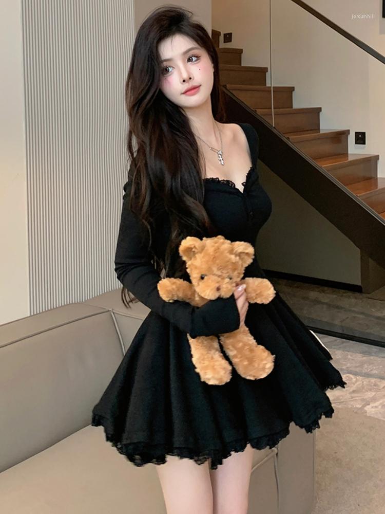 

Casual Dresses Autumn Solid Elegant Mini Dress Women Sexy Japanese Kawaii Party Female Korean Fashion One Piece Slim 2022, Black