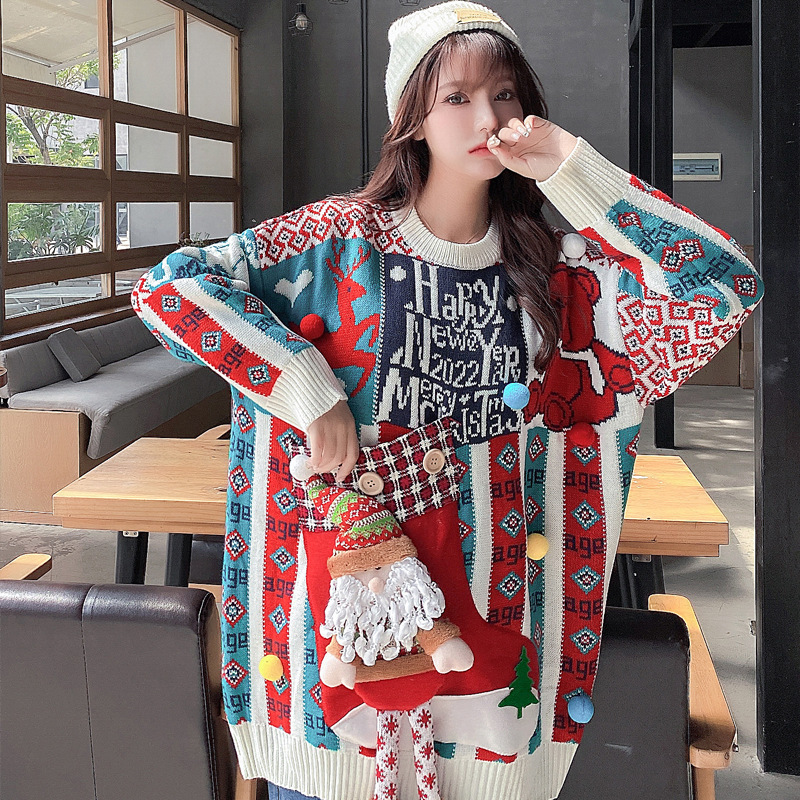 

Women s Sweaters Christmas Snowman Elk Long Knit Autumn and Winter Fashion Round Neck Sleeve Dress 221206, White