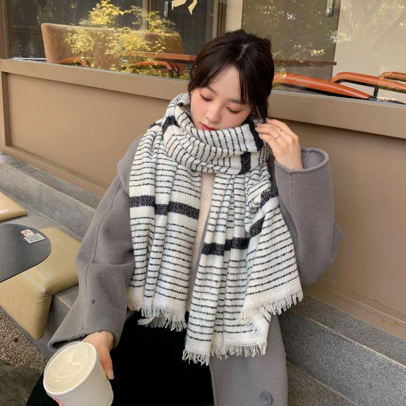 

Scarves Winter Knit Women Scarf Brand Fashion Large Pashmina Soft Warm Stripe Lady Designer Pink Female Long Shawl Wrap