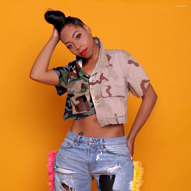 

Women' Blouses Wishyear 2023 Camouflage Print Patchwork Crop Top Women Streetwear Fashion Button Up Shirts Short Sleeve Cardigan Sexy