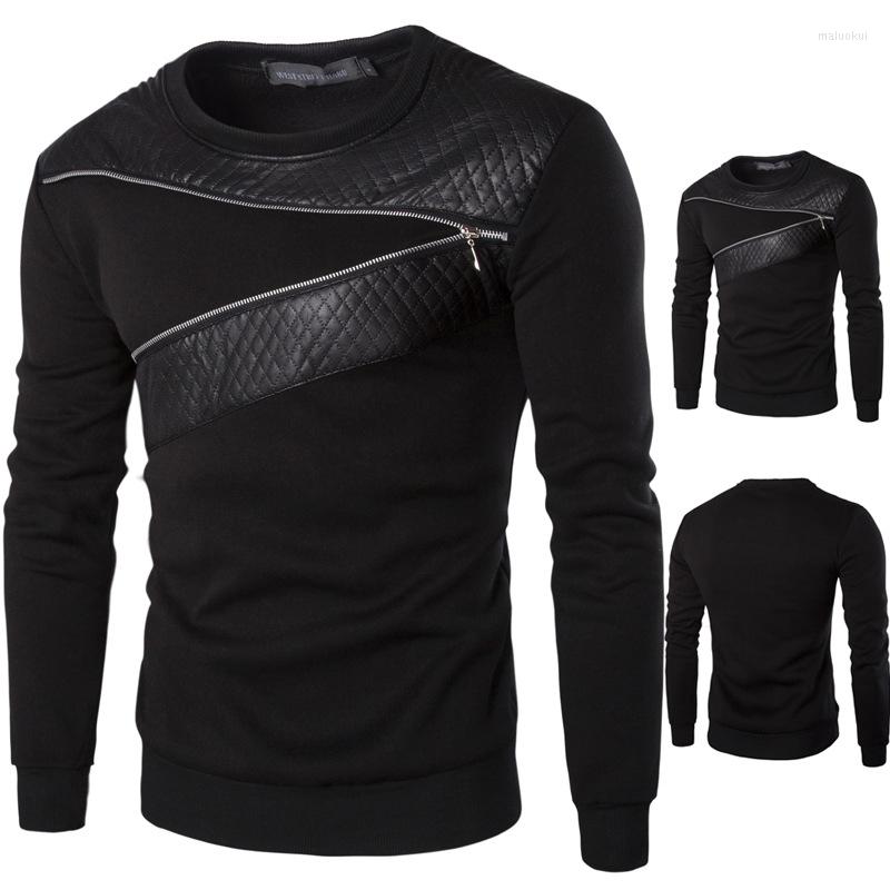 

Men's Hoodies Leather Patchwork Men Zipper Decoration Long Sleeve Sweatshirt Tops Leisure Hoodie Clothes 4XL 5XL TA233, Black