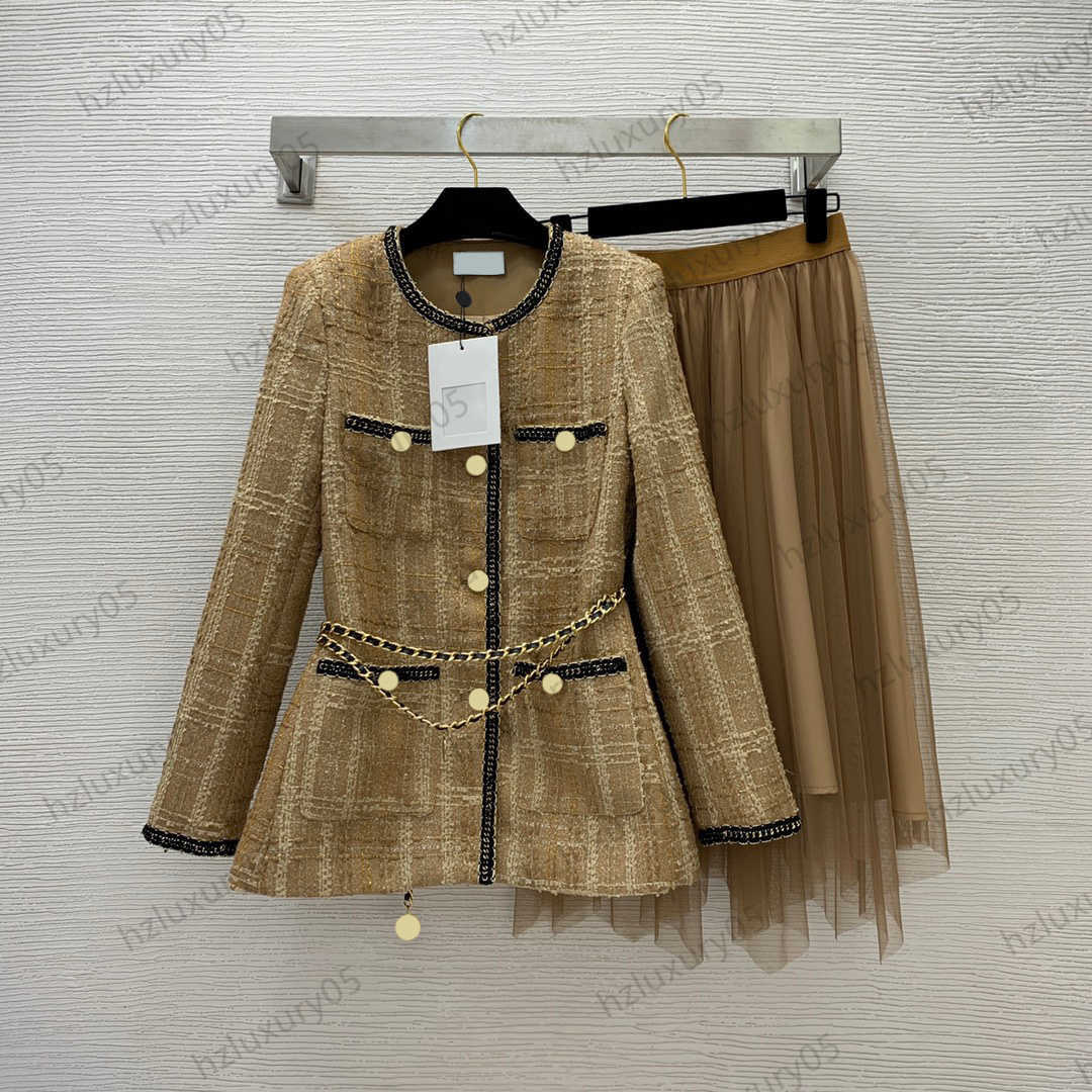 

Womens Two Pieces Dress Brand Chain Braided Edge Wrapping Round Neck Woolen Long Sleeve Jacket Irregular Hemline Mesh Skirts Temperament Joker Women Clothes