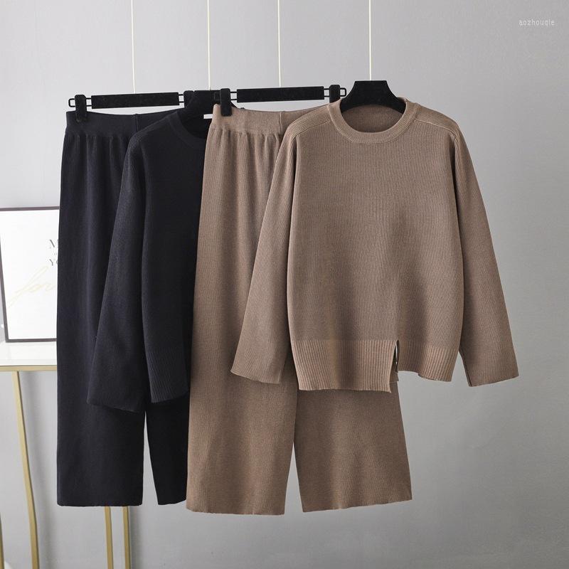 

Women's Two Piece Pants C 2022 Women Autumn Winter Slouchy Knitwear Casual Wide Leg Set For Ladies O Neck Long Sleeve Sweater Sets, Apricot