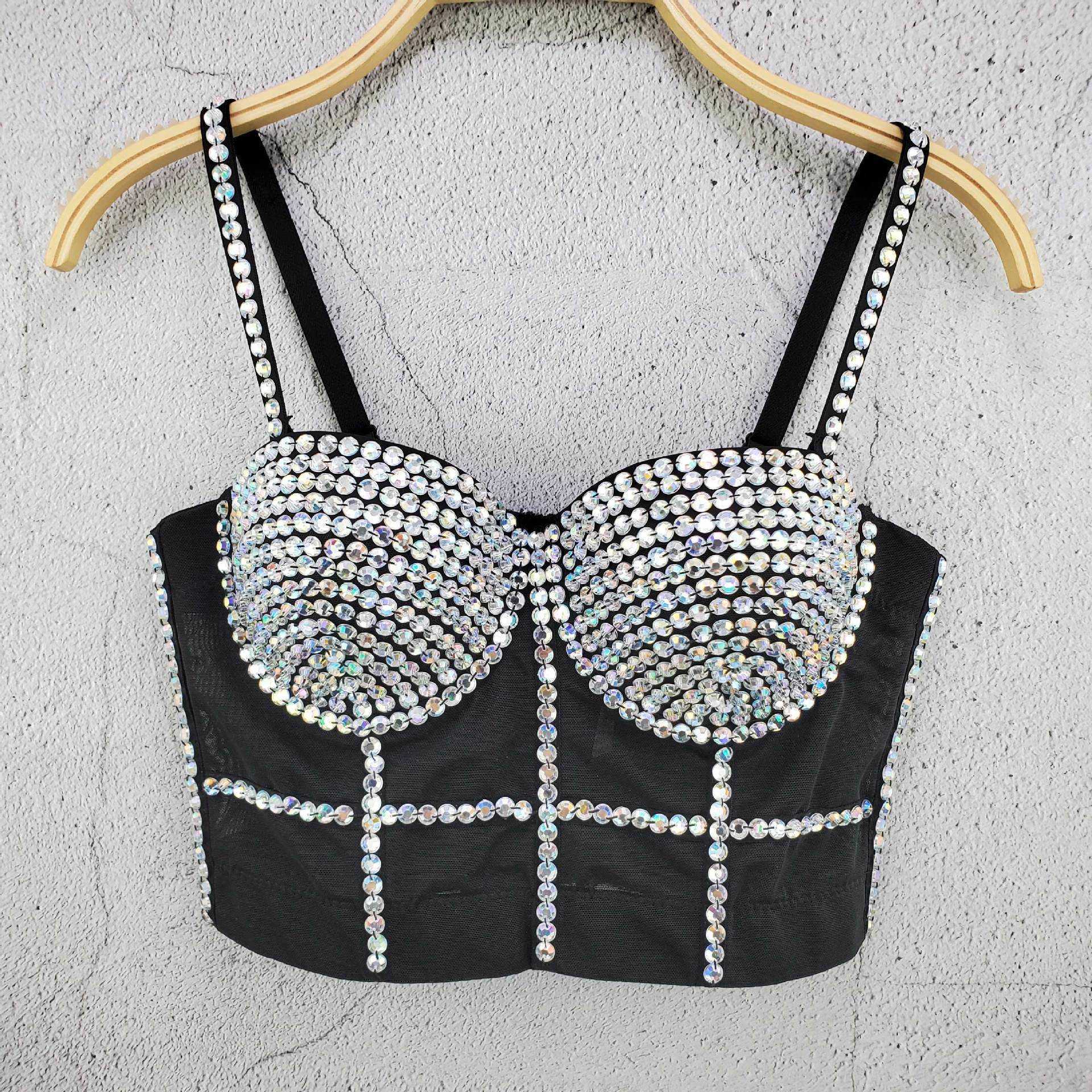 

New color acrylic diamond heavy industry mesh small suspender vest with thin personality hot girl top women, White