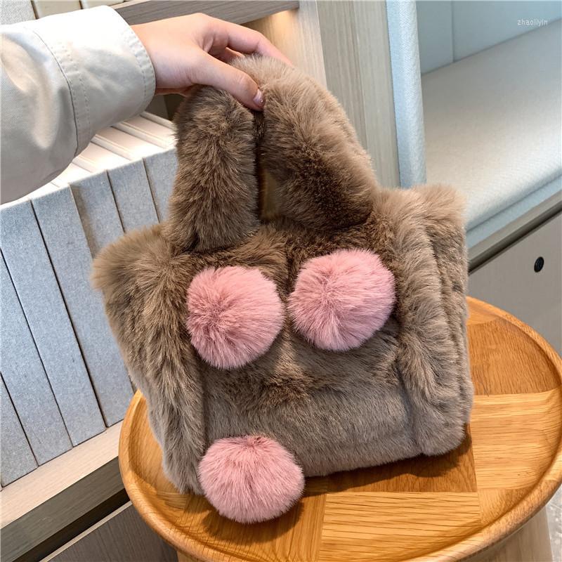 

Evening Bags Furry Faux Fur Designer Ladies Bucket Handle Purses Fashion Clutch Small Handbags For Women Chains Luxury And, Black