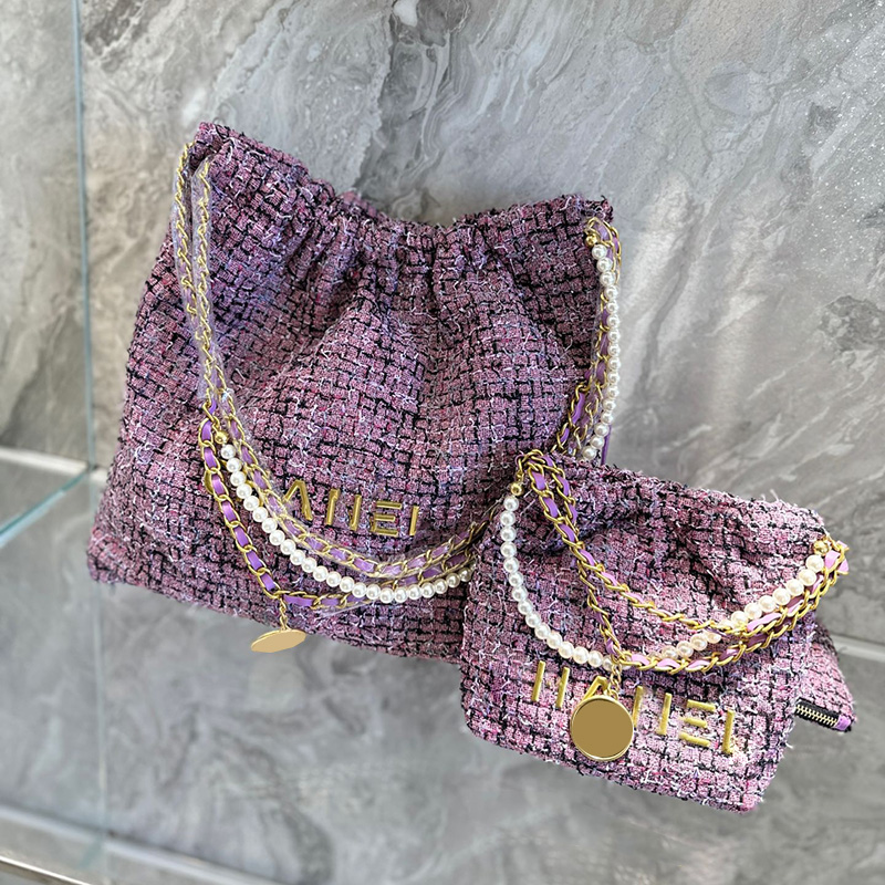 

Women Designer F/W Wool Tweed Quited 22Shopping Bags Gold Metal Matelasse Chain With Pearl Shoulder Pocket Mini/Mediun Purse With Pouch Outdoor Handbags 20CM/28CM, Box