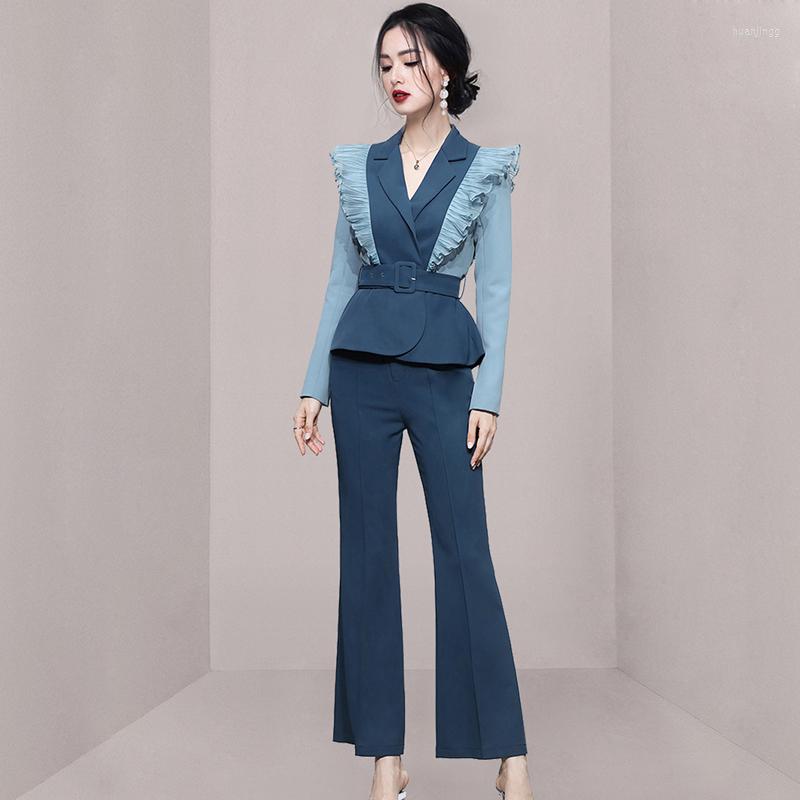 

Women' Two Piece Pants Autumn Winter Occupation 2Piece Suits Women Chic Fashion Ruffle Hit Color Long Sleeve Jacket Coat & Work OL Set, Picture shown