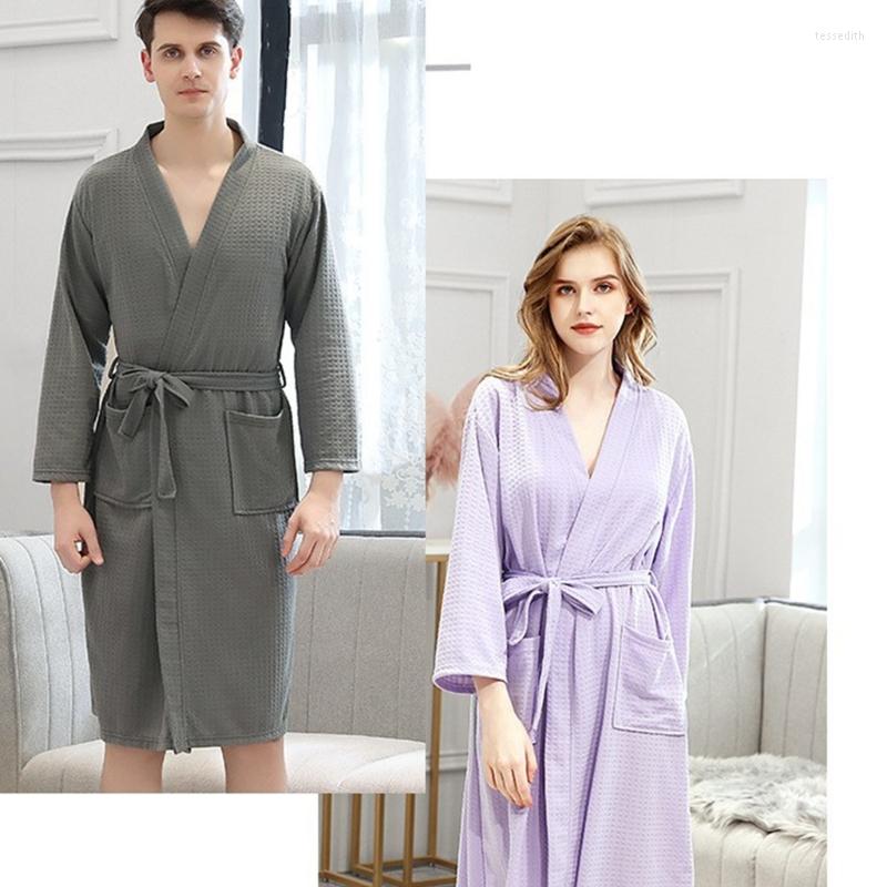 

Men's Sleepwear Womens Men Lightweight Waffle Long Robe Summer 3/4 Sleeves Belted Bathrobe Shower Nightgowns With Pockets, Navy blue