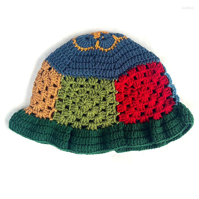 

Berets CottvoCorloful Patchwork Floral Balaclava Handmade Knitted Fisherman Bucket Hat Chic Hand Woven Casual Streetwear Cap, Yellow