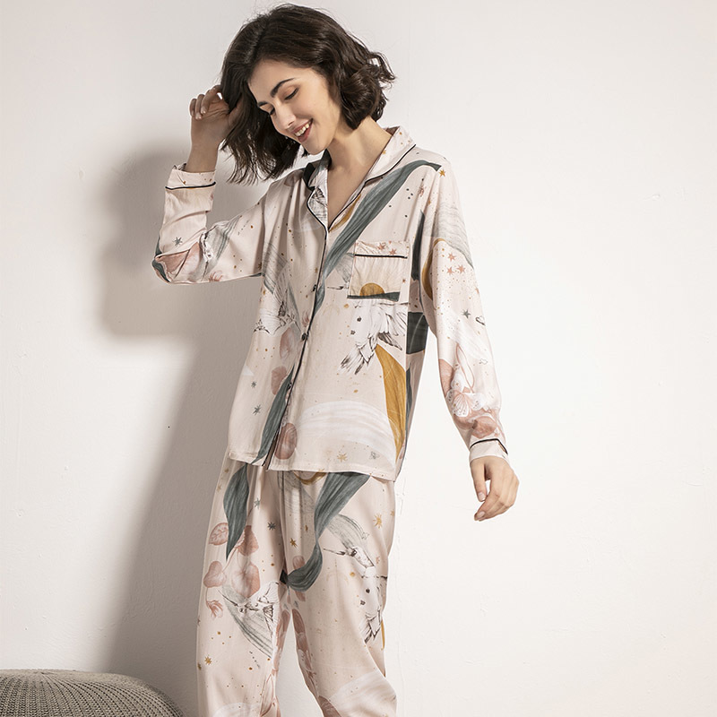 

Womens Sleepwear Starry Sky And Floral Printed Women Pajamas Set Comfort Viscose Full Sleeve Homewear Ladies Tender Casual Wear For Spring 221206, Short sleeve 1