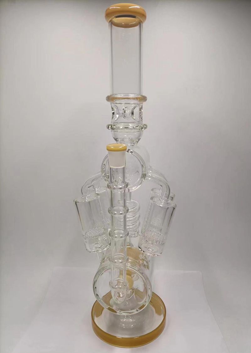 

Yellow 18 Inch Glass Bong Hookahs Water Recycler Oil Dab Rig with Honeycomb Filters 14mm Female Smoking Pipes