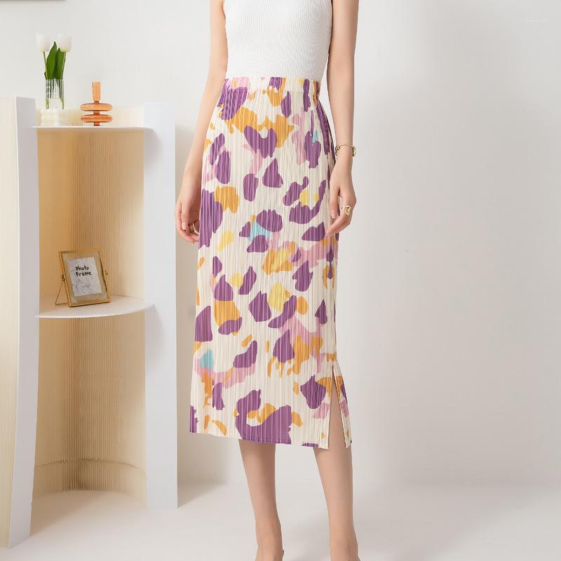 

Skirts Miyake Pleated Print Split Skirt 2022 Summer High Waist Straight Fashion All-Match Drape A- Line One-Step Y2k